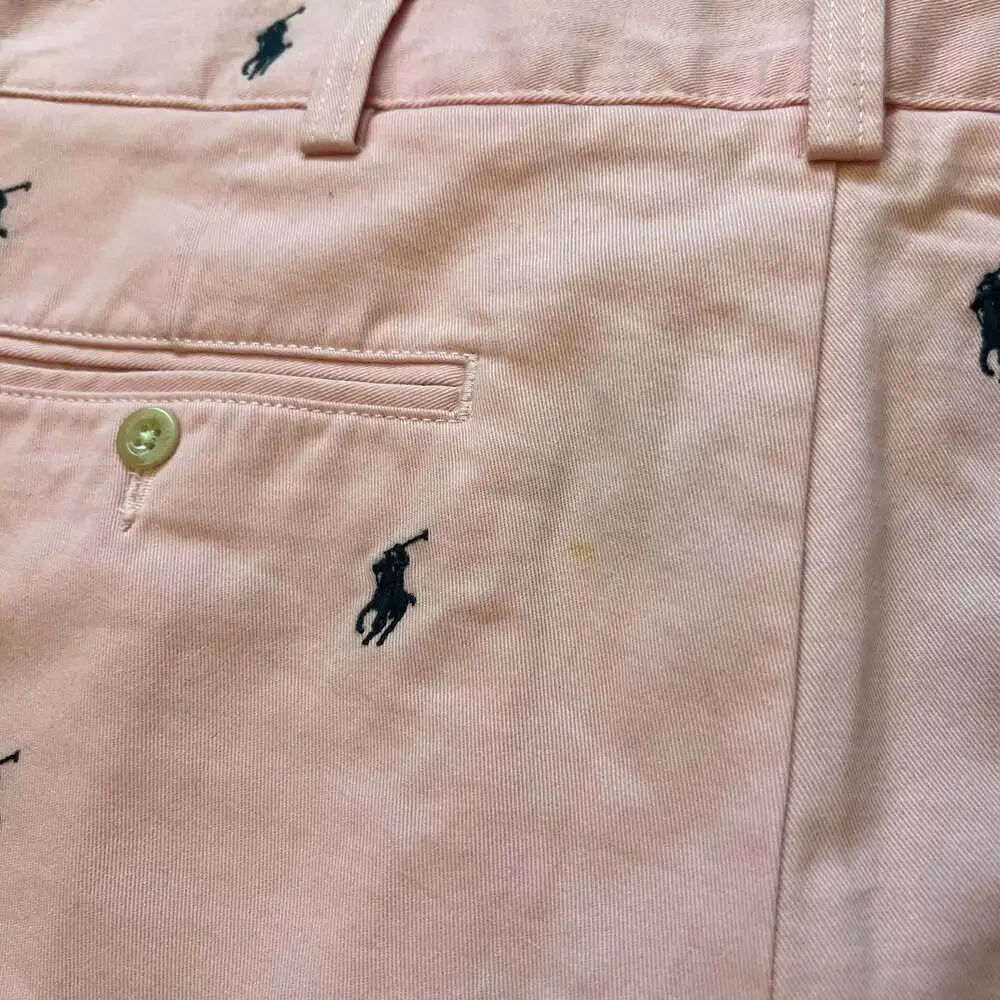 Polo Ralph Lauren Tyler All-Over Pony Print Pink Pleated Chino Shorts Sz 36